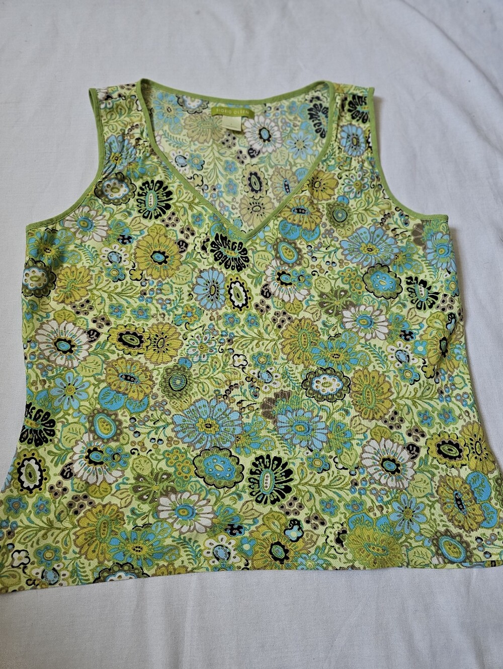 Sigrid Olsen Floral Tank Top Size Large Green Blue Rayon Boho Cottagecore - Picture 6 of 10